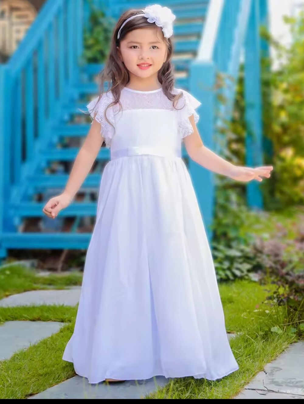 Chiffon Formal-Flower Girl Dress with Lace Bodice & Flutter Sleeves, Size 8/9 Y